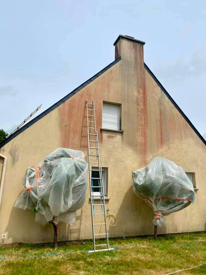 Façade de maison avant la rénovation par HDE-Démoussage,ramonage,rénovation toiture et façade.